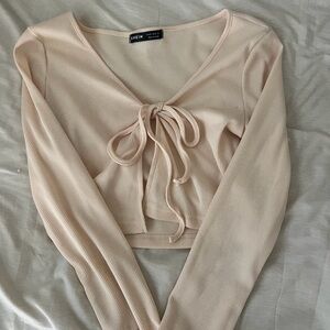 SHEIN Cream Ribbed Tie-Front Top